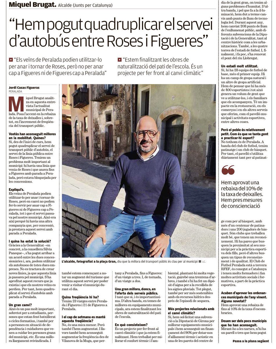 juntsxperalada's tweet photo. 📰 PREMSA | Entrevista a Miquel Brugat (@MiquelBrugat), alcalde de Peralada, a @elpuntavui:
“Hem pogut quadruplicar el servei d’autobús entre Roses i Figueres”
🗣️ “Estem finalitzant les obres de naturalització del pati de l’escola. És un projecte per fer front al canvi climàtic” https://t.co/uRv7ZGWczj