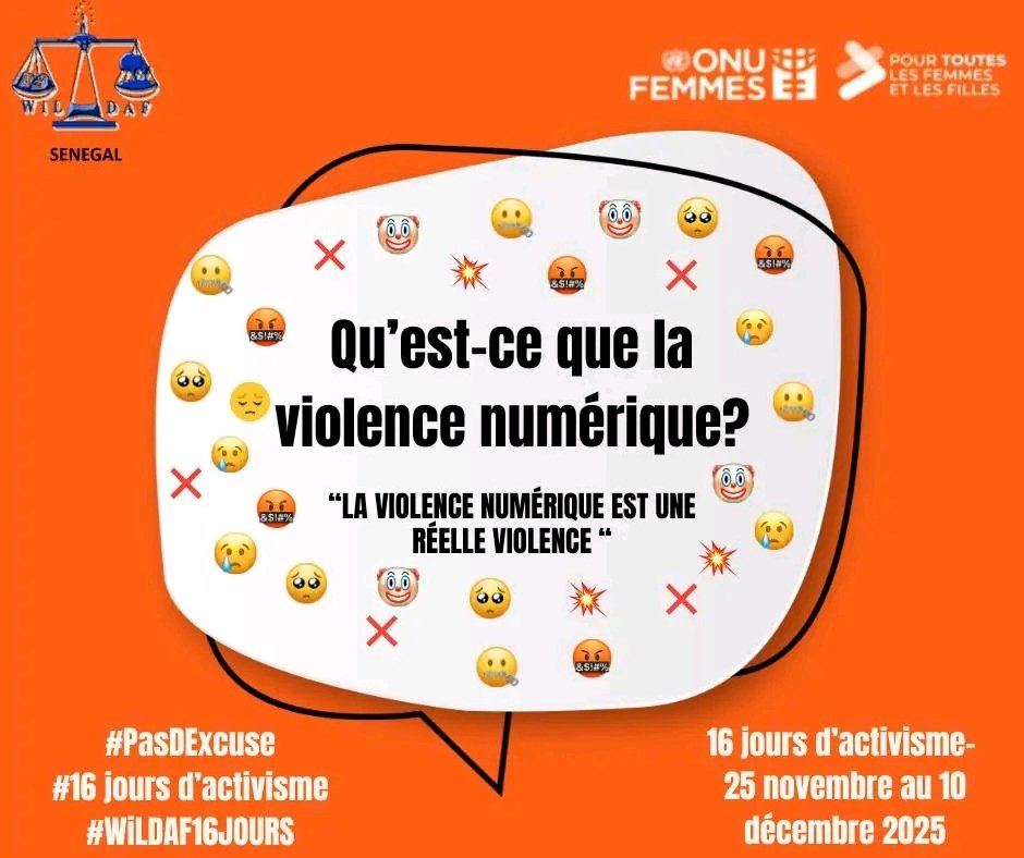 WildafSenegal's tweet photo. J2 des #16Jours d’activisme avec @WiLDAF_Senegal : les violences numériques sont bien réelles. Harcèlement, doxing, deepfakes, sextorsion… Le numérique doit être un espace sûr pour tou·te·s. Agissons ensemble. #Nonauviolencenumérique #PasDExcuse #JeunesSansViolence
@SUCO_org https://t.co/hUjTMdAmCU