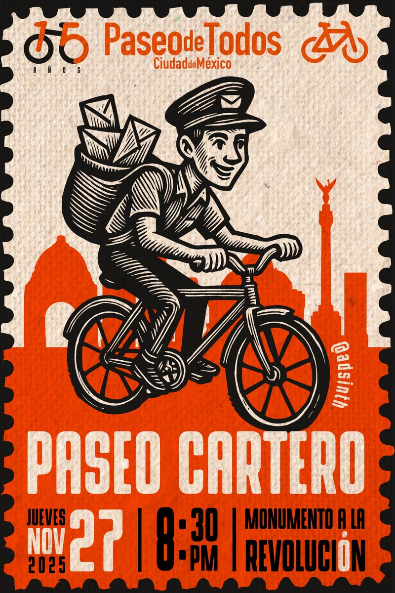 PaseodeTodos's tweet image. Noc Noc.. ¡Tenemos correspondencia pendiente contigo!

Entrega: Jueves 27 de noviembre 2025
Remitente: Paseo de Todos
Asunto: #PaseoCartero
Lugar: Monumento a la Revolución

¡Mañana nos vemos para rodar todos juntos!, por cierto... acá te entregamos la #RutaCartera ;)