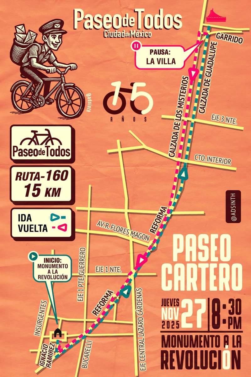 PaseodeTodos's tweet image. Noc Noc.. ¡Tenemos correspondencia pendiente contigo!

Entrega: Jueves 27 de noviembre 2025
Remitente: Paseo de Todos
Asunto: #PaseoCartero
Lugar: Monumento a la Revolución

¡Mañana nos vemos para rodar todos juntos!, por cierto... acá te entregamos la #RutaCartera ;)