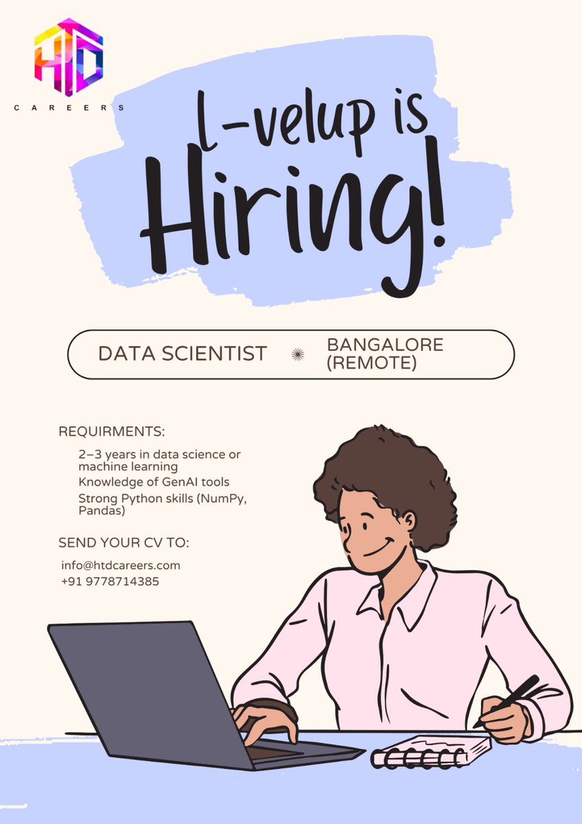HtdCareers's tweet photo. Level up your career with Levelup! 🚀
, send your CV today!#LevelupHiring #DataScientistJobs #MachineLearningJobs #GenAI #PythonDeveloper #NumPy #Pandas #TechJobsIndia #RemoteJobsIndia #BangaloreJobs #WeAreHiring #HTDCareers #CareerOpportunity #ApplyNow https://t.co/5F1tX0DbnG