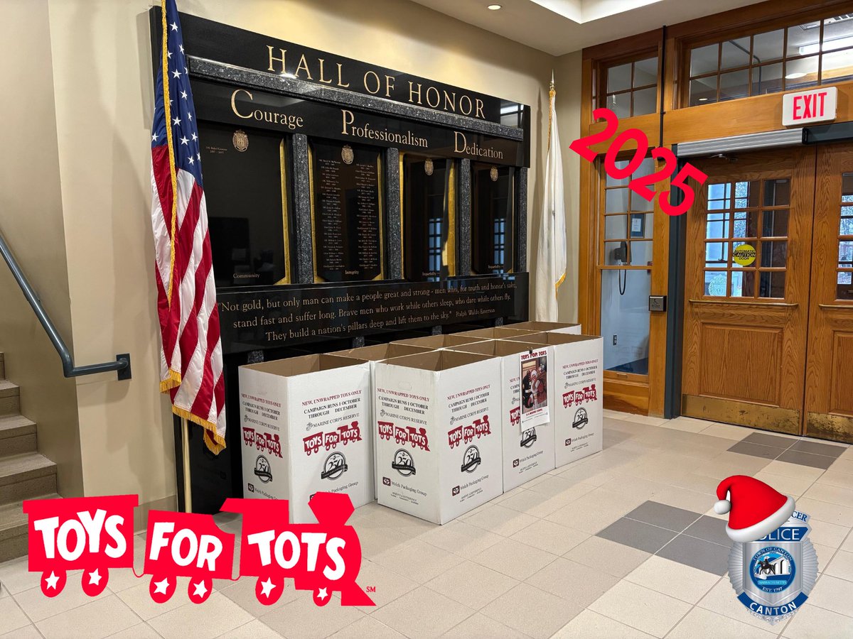 CantonMAPolice's tweet photo. The Toys for Tots toy drive is back!

We are collecting new, unwrapped toys until December 16th.

The donation boxes are located in the Lobby at Canton Police Headquarters.

@ToysForTots_USA 
#toysfortots https://t.co/99mPMZtrmc
