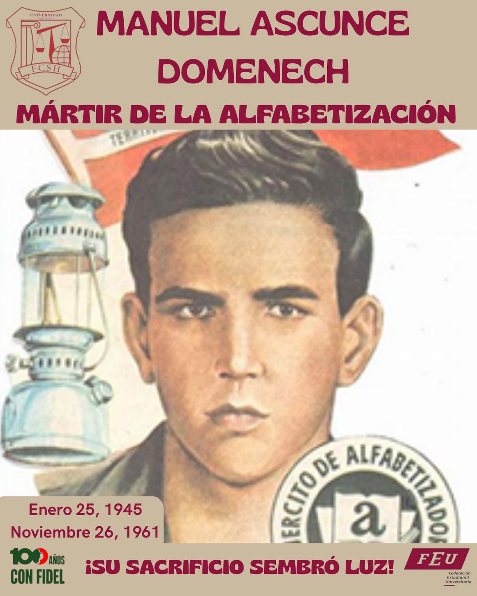 FEU_FCSH_UNICA's tweet photo. 📖Manuel Ascunce Doménech fue un joven maestro, un universitario que creyó en el poder del saber y en la fuerza de la juventud para transformar la realidad.
❤Hoy, la #FEU_FCSH lo recuerda no solo como mártir, sino como símbolo de entrega y de amor por la educación. https://t.co/Fqx3oI9M6P