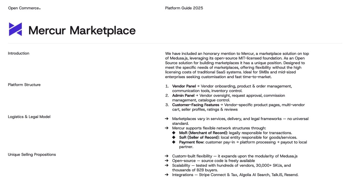 Mercurjs's tweet image. Mercur has been included in the Open Commerce Platform Guide 2025!

Mercur appears in the report as an honorary mention as a marketplace solution built on top of Medusa. 

Thanks for this recognition! 

Check out the full report → whitepapers.opencommerce.agency/platform-guide…
