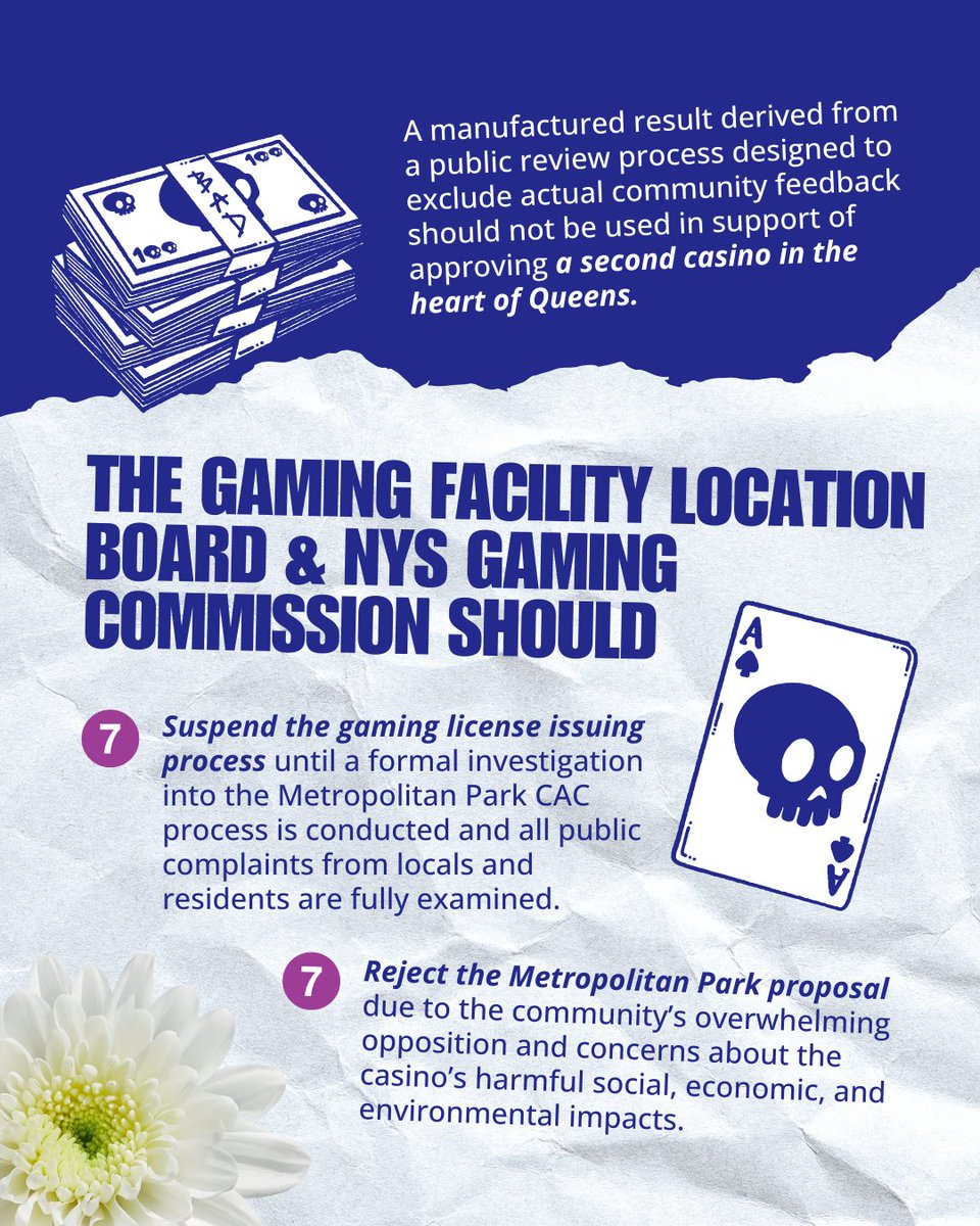 MinKwonCenter's tweet image. ‼️ In light of this new data, the community demands immediate action:

1. The NYS Gaming Commission should suspend the gaming license issuing process.

2. The Gaming Facility Location Board and Gaming Commission should reject the Metropolitan Park proposal.