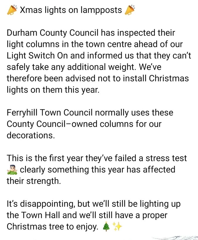 jdpoc's tweet image. #Reform Council in #Durham have CANCELLED CHRISTMAS !!!

They&apos;ve decided NO DECORATIONS will be raised on street lights this year.

#Reform&apos;s local mouthpiece Darren &apos;Crimes&apos; was unavailable for comment.