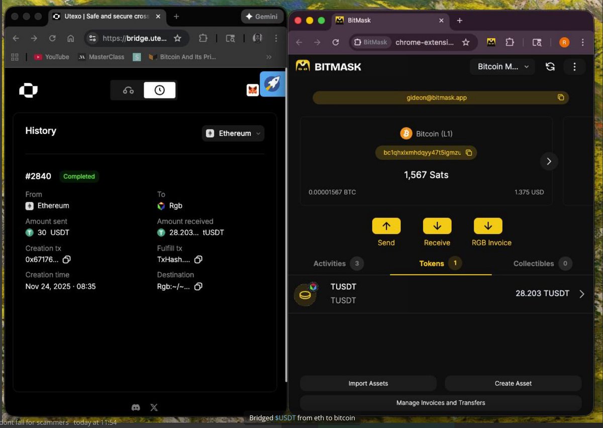 Single_Use_Seal's tweet image. Excellent demonstration shared by @giddy_up_up, showing the bridging of #USDT from Ethereum to Bitcoin #RGB! @utexocom handled the bridging and @BitMask_App wallet received the USDT. 

Great stuff, stablecoins are a lot more stable running on BTC!