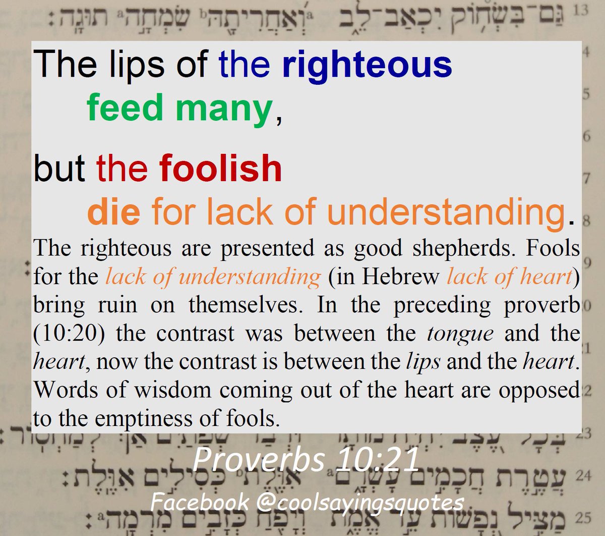The lips of the righteous feed many, but the foolish die for lack of understanding. (Proverbs 10:21)
#bibleverse #proverbs #WisdomWednesday