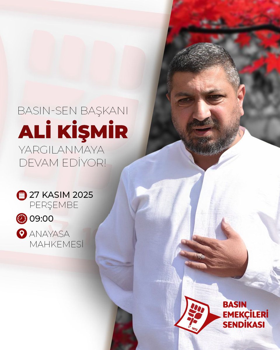 Basın Emekçileri Sendikası Başkanı Ali Kişmir yargılanmaya devam ediyor. Yarın 09.00'da son 5 senedir olduğu gibi yine mahkemedeyiz! İfade özgürlüğümüz yargılanıyor!
#ifadeözgürlüğüonurumuzdur #alikişmiryalnızdeğildir