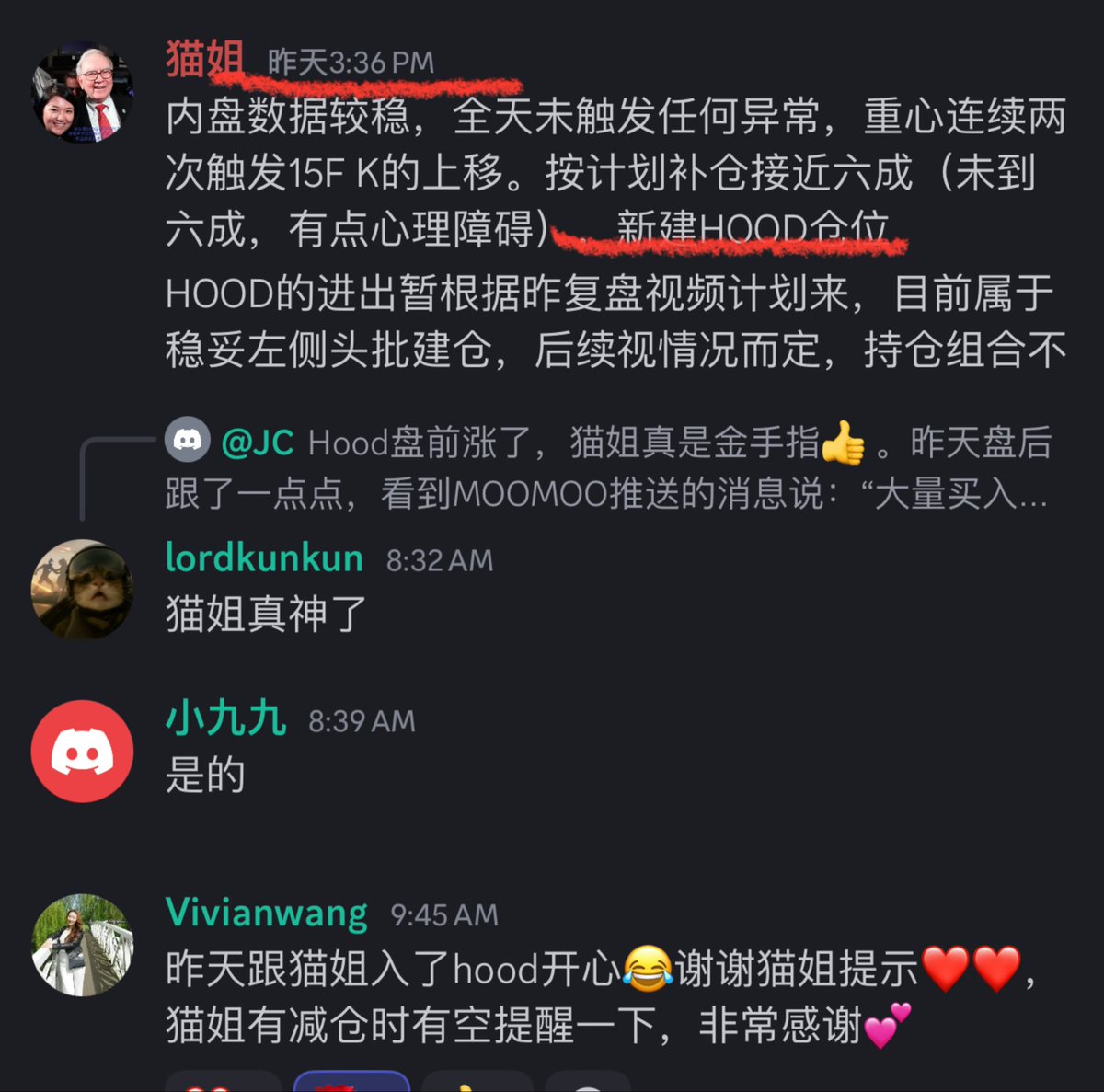 周三好！开盘$HOOD  跳空高开大涨，昨天笨猫开始建仓，大家记得这只标的俺等了好几个月了么，无论是俱乐部里还是每周五油管公开复盘视频都念叨想进它。昨天终于等到信号进了。现在来得及吗？人家才刚刚开始呢👏👍❤️  （当然短线还是要等进场买点出现的，不要追高）