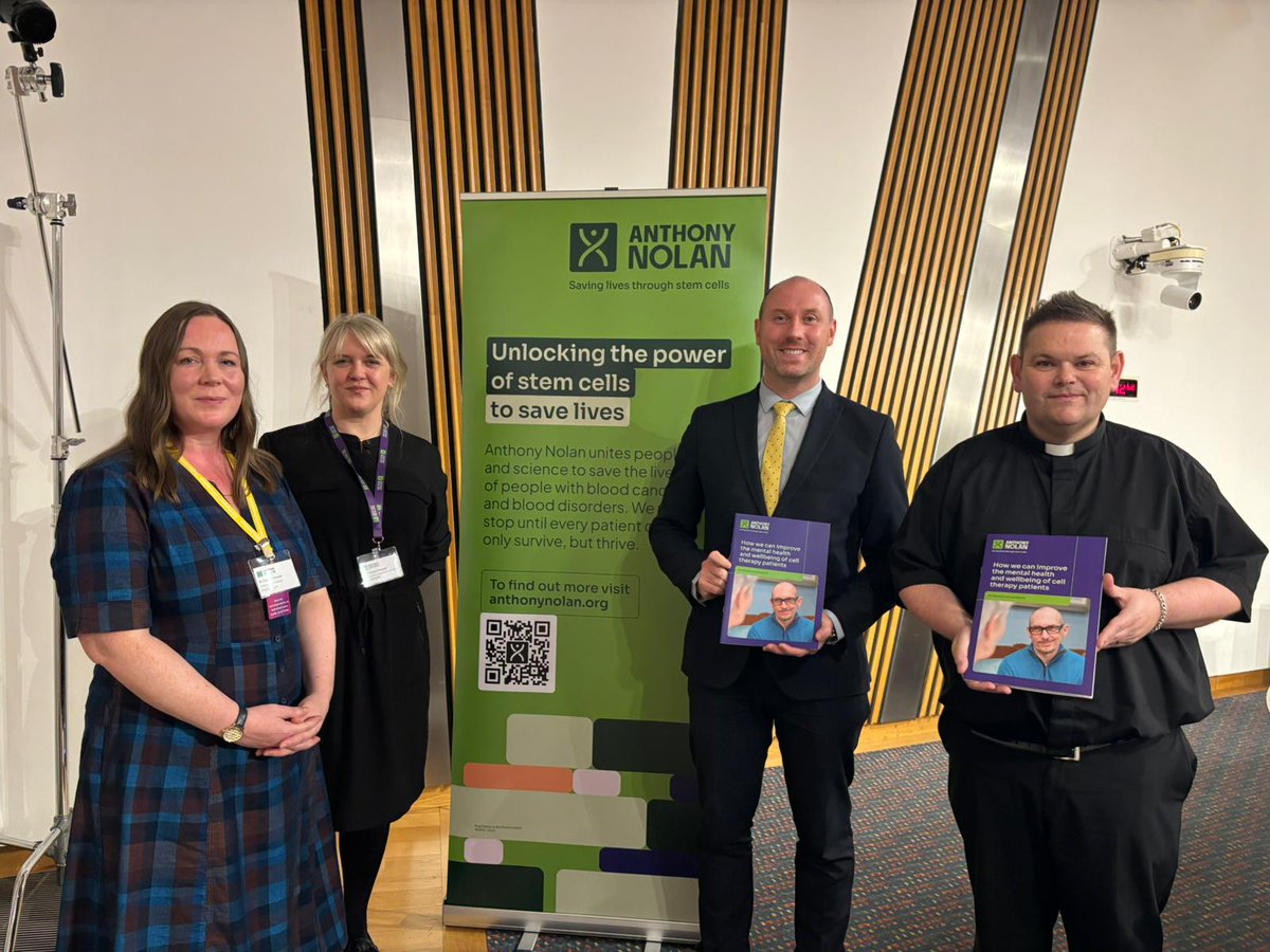 AnthonyNolan's tweet photo. 1 in 3 cell therapy patients experience depression – yet only one transplant centre in the whole of Scotland has a dedicated psychologist for stem cell transplant recipients. 
Today we're in @ScotParl raising awareness of the psychological impact of cell therapies. https://t.co/FY3HE12ueP
