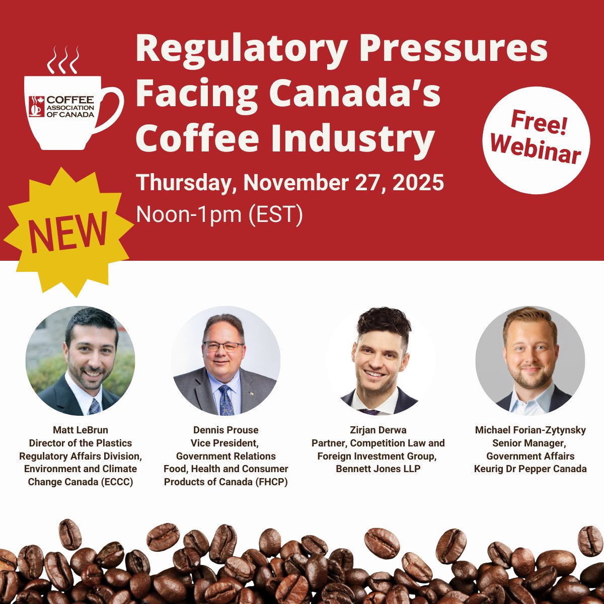 New speaker! Matt Lebrun from <a href="/environmentca/">Environment Canada</a>  is joining our webinar to share how the Federal Plastics Registry fits into Canada’s broader plastics management strategy, what we can expect from Phase 2 and key learnings from Phase 1 of reporting.
Register: coffeeassoc.com/webinars/regul…