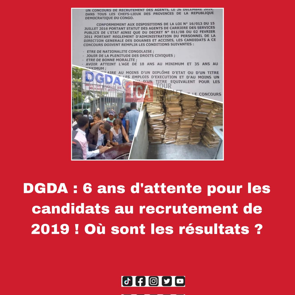complet99976's tweet image. Le 24 décembre 2025 marquera 6 ans depuis le recrutement lancé par la #DGDA en 2019.
Des milliers de jeunes avaient déposé leurs dossiers, portés par l’espoir… mais aucune liste officielle n’a jamais été publiée

#Kinshasa se souvient encore de l’effervescence de l’époque. #Rdc