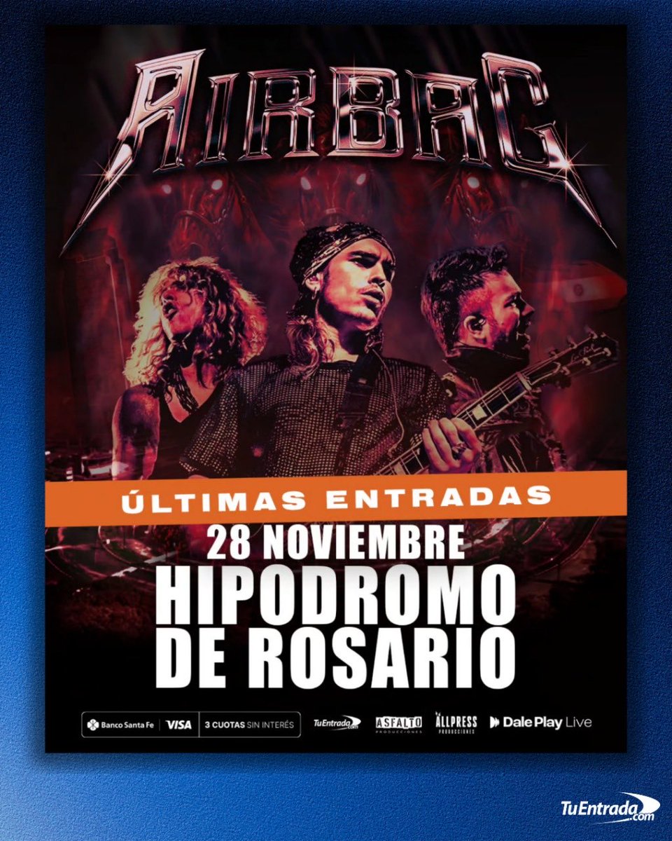 AIRBAG en Rosario ⚡️

¡Este finde explota el Hipódromo de Rosario con la banda del momento!

🔥ÚLTIMAS ENTRADAS ~ No te lo pierdas

📅 Viernes 28 de Noviembre • 21hs
🎟️ Entradas en tuentrada.com 

<a href="/AIRBAGoficial/">Patricio Sardelli</a> <a href="/allpressrosario/">AllPress Producciones</a>  #airbag #rosario #rockargentino