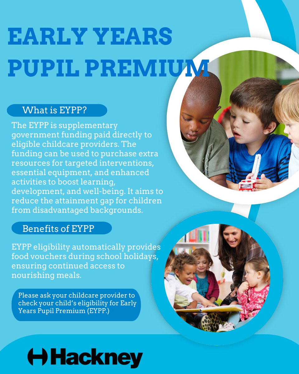 Get extra funding for your early years provider.

What is EYPP? 
Your child’s early years education provider could get up to £570 per year to help with your child’s education. This will be paid direct to your provider.

More information: gov.uk/get-extra-earl…