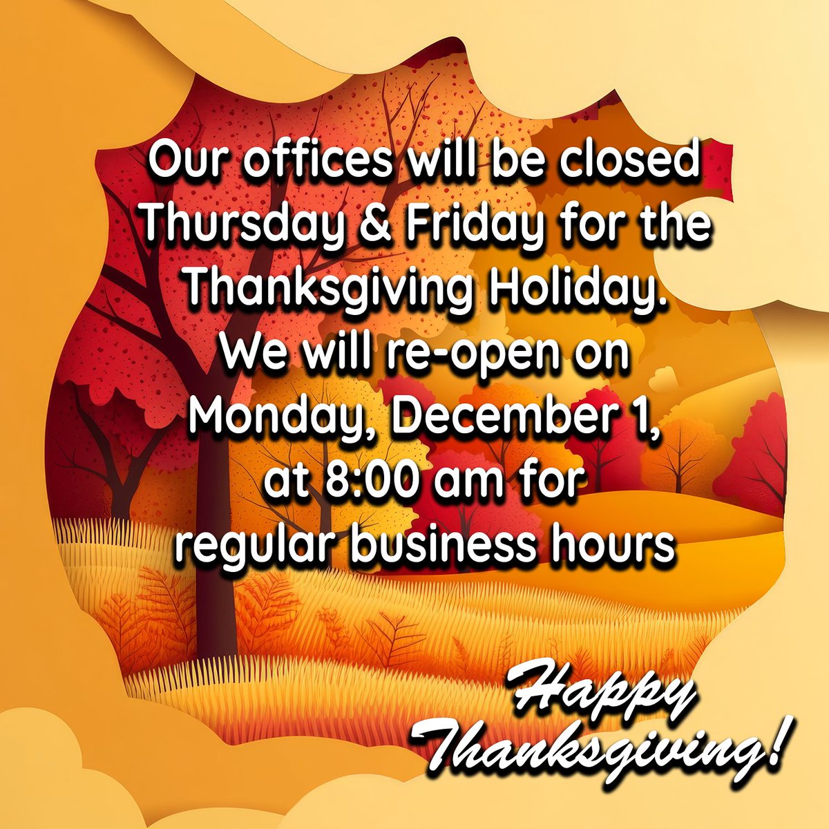 StructuredFound's tweet image. Our offices will be closed tomorrow and Friday so our employees may enjoy the Thanksgiving holiday with their family and friends.  We will re-open for regular business at 8 a.m. on Monday, Dec. 1. From everyone here at Structured, we wish you and yours a very happy Thanksgiving!