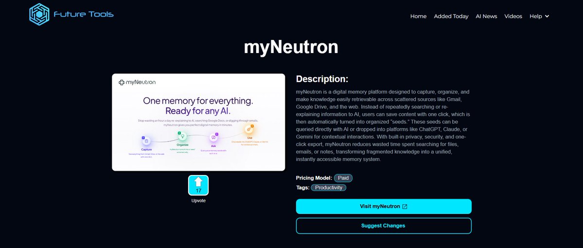 myNeutron_ai's tweet image. We are now listed on @futuretools.

If you use myNeutron or believe in what we are building, your support means a lot.

myNeutron helps you save project context across AI tools so you never rewrite the same explanations again.

Support the launch here: futuretools.io/tools/myneutron