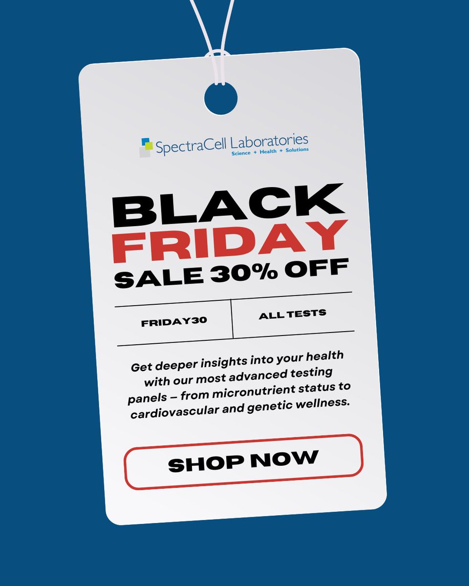 SpectraCellLab's tweet image. Black Friday is here — and so is 30% OFF everything!
Use code FRIDAY30 now through Nov 28.

Lab Closure: Nov 26–27 (resuming Nov 28)

Your health data, your advantage. Don’t miss our biggest savings of the year.

#BlackFridaySale #PreventiveHealth #AdvancedTesting #SpectraCell