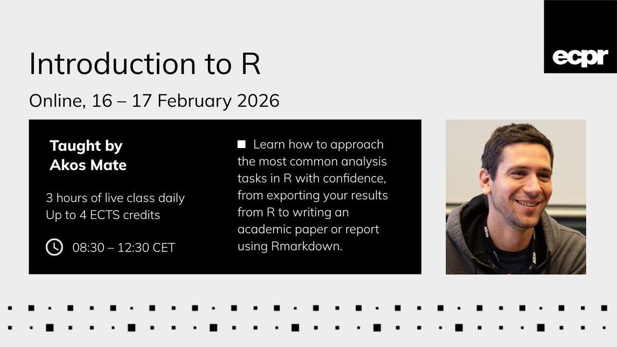 ECPR's tweet image. 🦾 Strengthen your stats skills at our Methods School #ecprms

📈 Advance from beginner to expert level with our online, 3-course sequence ecpr.eu/Events/Academi…

1. Intro to R

2. Intro to Big Data Collection &amp;amp; Analysis in the Social Sciences

3. Applied Regression Analysis