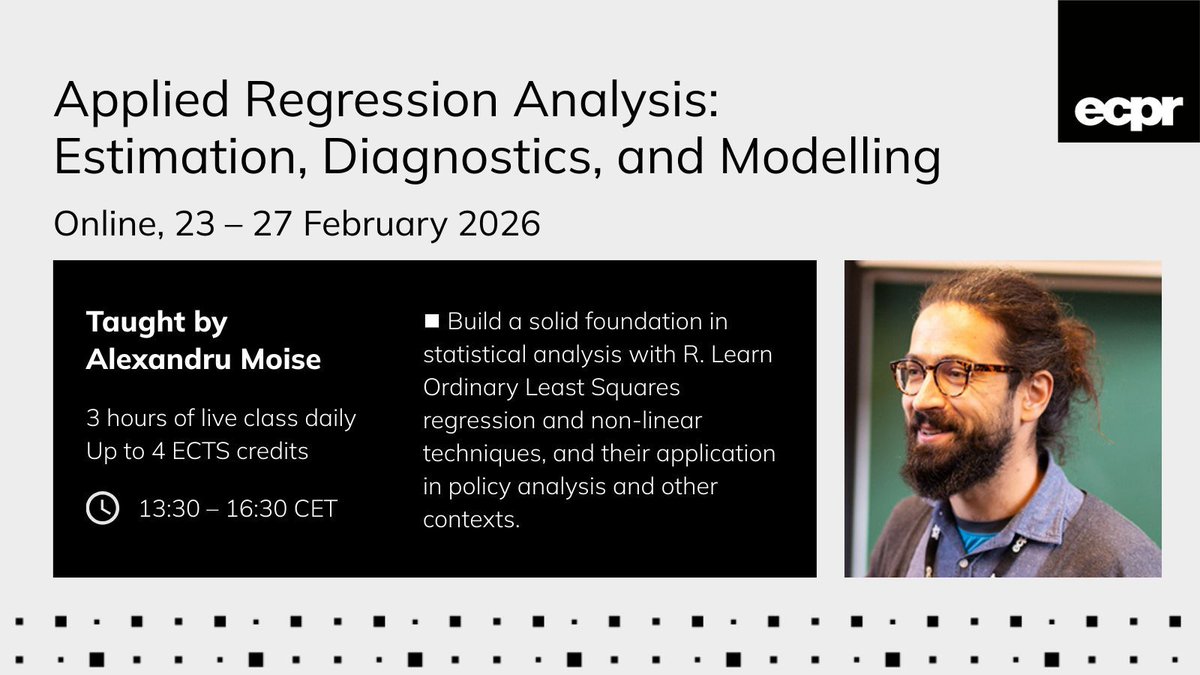 ECPR's tweet image. 🦾 Strengthen your stats skills at our Methods School #ecprms

📈 Advance from beginner to expert level with our online, 3-course sequence ecpr.eu/Events/Academi…

1. Intro to R

2. Intro to Big Data Collection &amp;amp; Analysis in the Social Sciences

3. Applied Regression Analysis