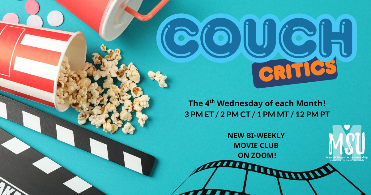 MyositisSupport's tweet image. 🎬 Join Couch Critics, our virtual Myositis Community movie club! We meet bi-weekly on 4th Wed at 7 PM EST.  Relax, connect, and enjoy movies together! understandingmyositis.org/event/couch-cr…
🍿 #MSU #Myositis  #CouchCritics