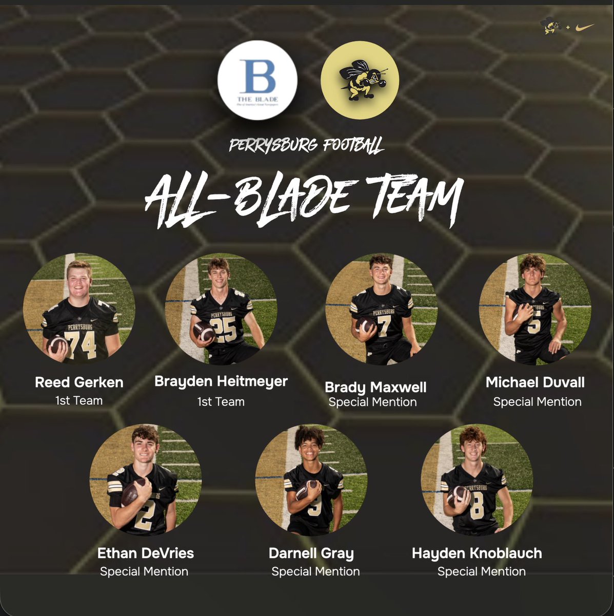 Here are our members of the 2025 All-Blade team!
First team: Reed Gerken &amp; Brayden Heitmeyer 
Special mention: Brady Maxwell, Michael Duvall, Ethan DeVries, Darnell Gray, Hayden Knoblauch
Congrats men!

<a href="/dirk_conner/">Dirk Conner</a> 
<a href="/mkeward/">Mike Ward</a> 
<a href="/PburgAthletics/">Perrysburg Athletics</a>