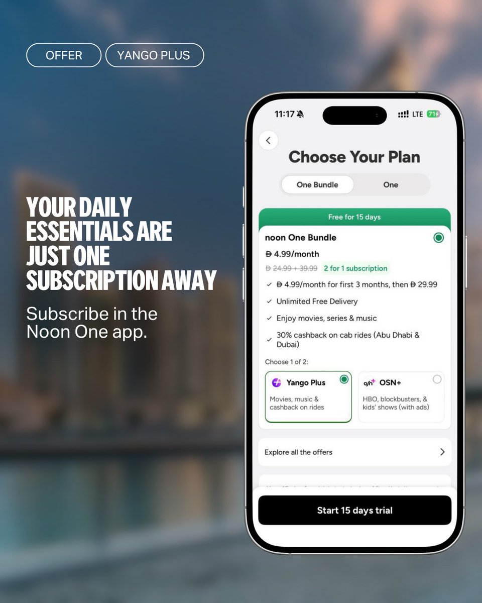 Your everyday essentials just got easier ✨
Yango Plus and Noon One are now together in one subscription that gives you everything you need.

For the first 3 months, get it all for only 4.99 AED/month:
•30% cashback on every ride
•Music that moves your day
•Movies and series