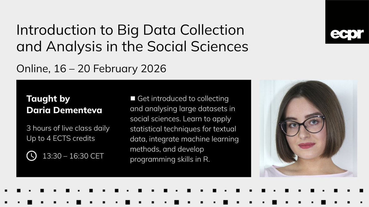 ECPR's tweet image. 🦾 Strengthen your stats skills at our Methods School #ecprms

📈 Advance from beginner to expert level with our online, 3-course sequence ecpr.eu/Events/Academi…

1. Intro to R

2. Intro to Big Data Collection &amp;amp; Analysis in the Social Sciences

3. Applied Regression Analysis