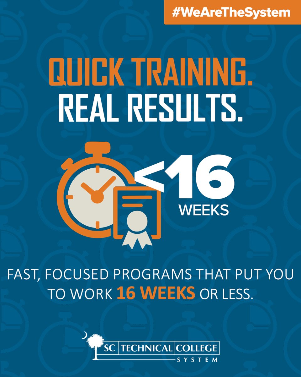 SCTechSystem's tweet image. Quick Training. Real Results. 

Get the skills employers need — fast. 

Many programs at South Carolina’s technical colleges can be completed in 16 weeks or less, helping students move from the classroom to a career in record time. 

We are the System. 

#WeAreTheSystem