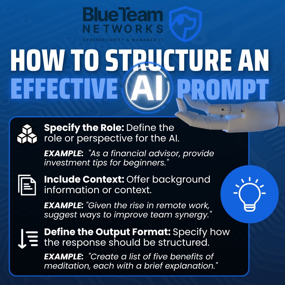 BlueteamNetwork's tweet image. When it comes to AI, the difference between efficiency and frustration often lies in the quality of your prompt. Follow these best practices to make your AI work smarter, not harder.

#BlueteamNetworks #AIProductivity #BusinessTechnology #AITips