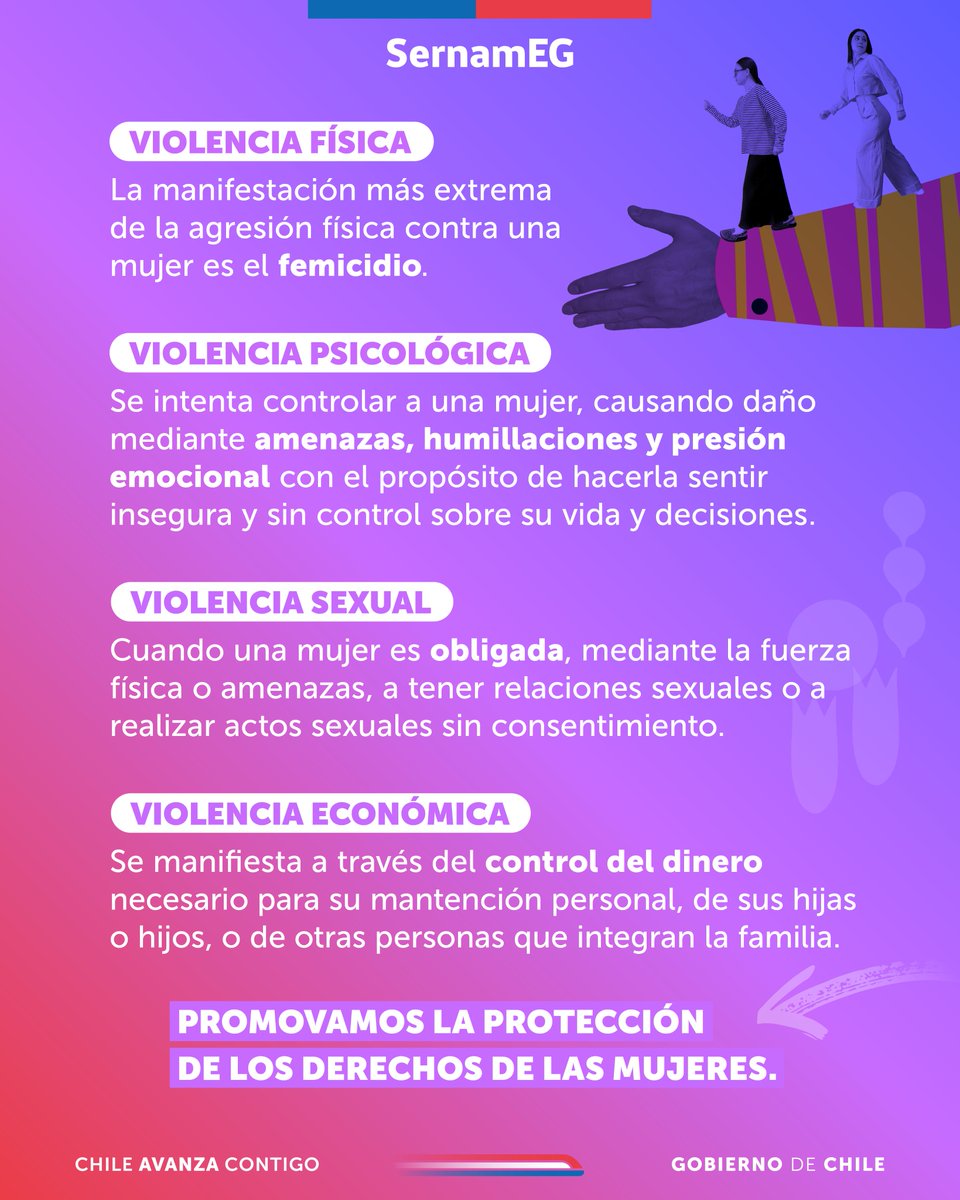Identificar los distintos tipos de violencia de género es clave para trabajar en su prevención.

Aquí te mostramos algunos ejemplos de tipos de violencias de género.

#SernamEGAvanzaConTodas