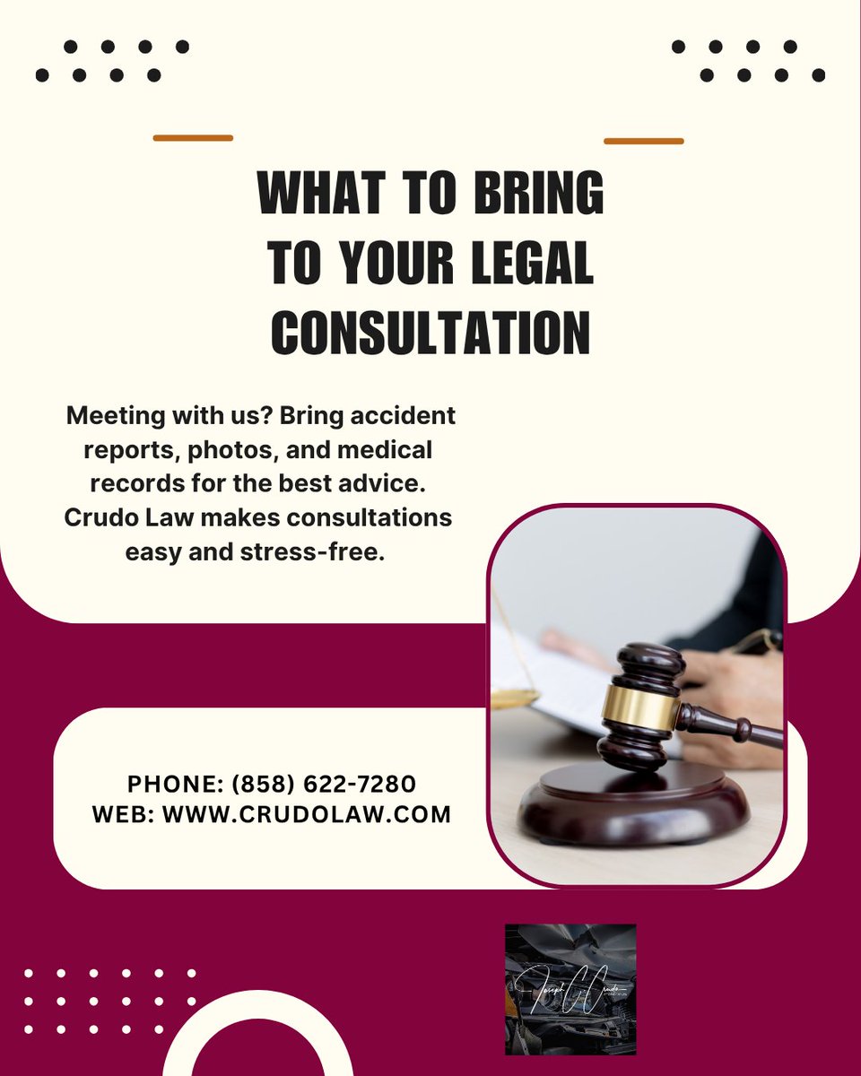 CrudoPlc's tweet image. Coming to see us? Bring your accident details for faster, better advice. We’ll handle the rest.
#LegalConsultation #ClientSupport #PersonalInjury #SanDiego