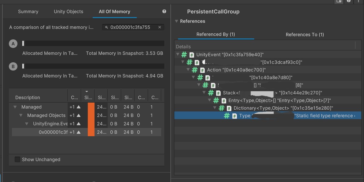 Creta5164's tweet image. You will eventually found &apos;Static ... type reference ...&apos; from it and it&apos;s the root cause of the issue that we talked about

If you find end of references tree, copy it&apos;s address from &apos;Advanced&apos; in details and paste to search and repeat them until find root cause.

🧵

#unitytips
