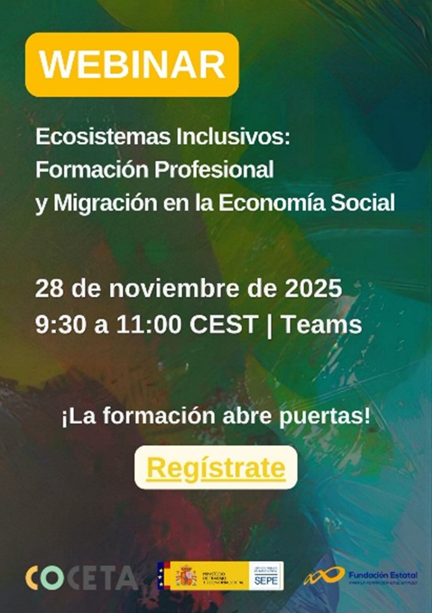 CEPES2's tweet image. 🌍#Webinar &quot;Ecosistemas Inclusivos: Formación Profesional y Migración en la #EconomíaSocial&quot;

Organiza nuestra entidad socia @Coopsdetrabajo, con la colaboración de @empleogob y @Fundae_es

🗓️28 nov | 9:30-11:00h
💻Teams
➡️bit.ly/47l8B9t

#Inclusión #Cooperativas