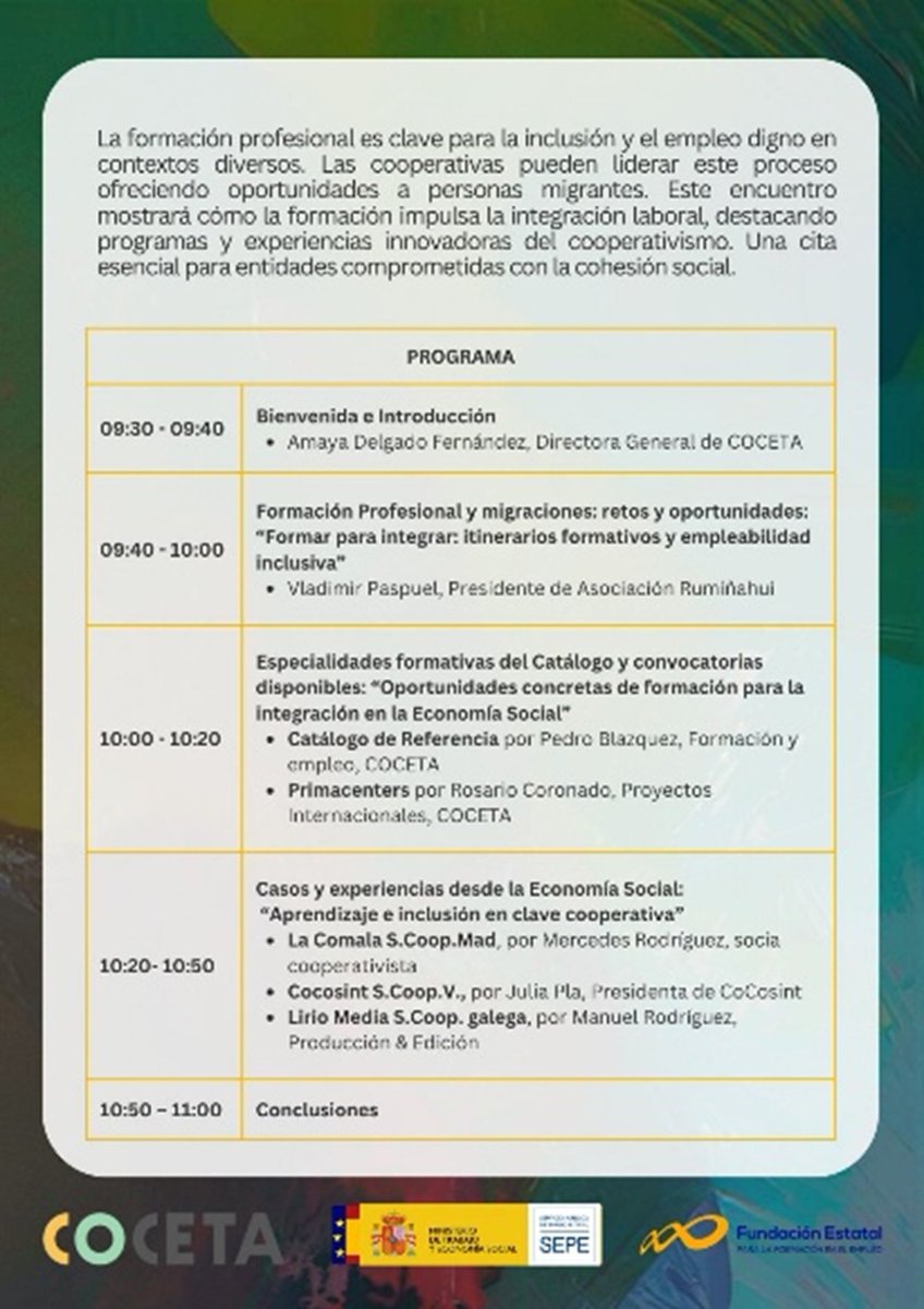 CEPES2's tweet image. 🌍#Webinar &quot;Ecosistemas Inclusivos: Formación Profesional y Migración en la #EconomíaSocial&quot;

Organiza nuestra entidad socia @Coopsdetrabajo, con la colaboración de @empleogob y @Fundae_es

🗓️28 nov | 9:30-11:00h
💻Teams
➡️bit.ly/47l8B9t

#Inclusión #Cooperativas
