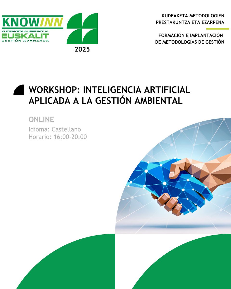 📢 ¡Últimos días para inscribirte en el workshop #KnowInn 𝗜𝗻𝘁𝗲𝗹𝗶𝗴𝗲𝗻𝗰𝗶𝗮 𝗔𝗿𝘁𝗶𝗳𝗶𝗰𝗶𝗮𝗹 𝗮𝗽𝗹𝗶𝗰𝗮𝗱𝗮 𝗮 𝗹𝗮 𝗚𝗲𝘀𝘁𝗶𝗼́𝗻 𝗔𝗺𝗯𝗶𝗲𝗻𝘁𝗮𝗹!

📆 El próximo martes y jueves, días 2 y 4 de diciembre.
⌚ De 16:00 a 20:00 horas.
👨‍🏫 Impartido por Jorge Serrano