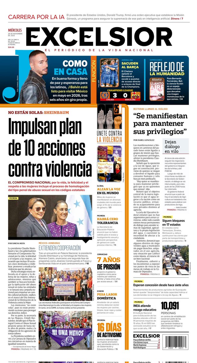 Imagen_Mx's tweet image. 📰🗞️ Inicia el día con las noticias destacadas de este 26 de noviembre en la portada de #Excélsior.

- Impulsan plan de 10 acciones contra la violencia
- Carrera por la IA
- México - Honduras: extienden cooperación 

➡️ excelsior.com.mx