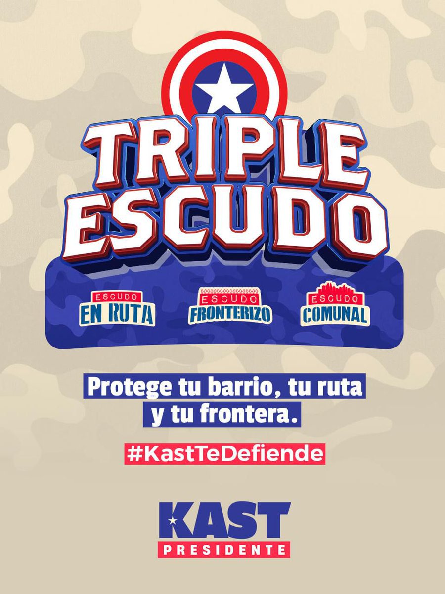 PRChile's tweet image. 🛡️ Chile necesita un Triple Escudo: en la frontera, en la ruta y en los barrios.
Con Triple Escudo de José Antonio Kast protegeremos a las familias con tecnología, coordinación y presencia policial en la frontera, carreteras y barrios.
Porque los chilenos merecen seguridad real,…