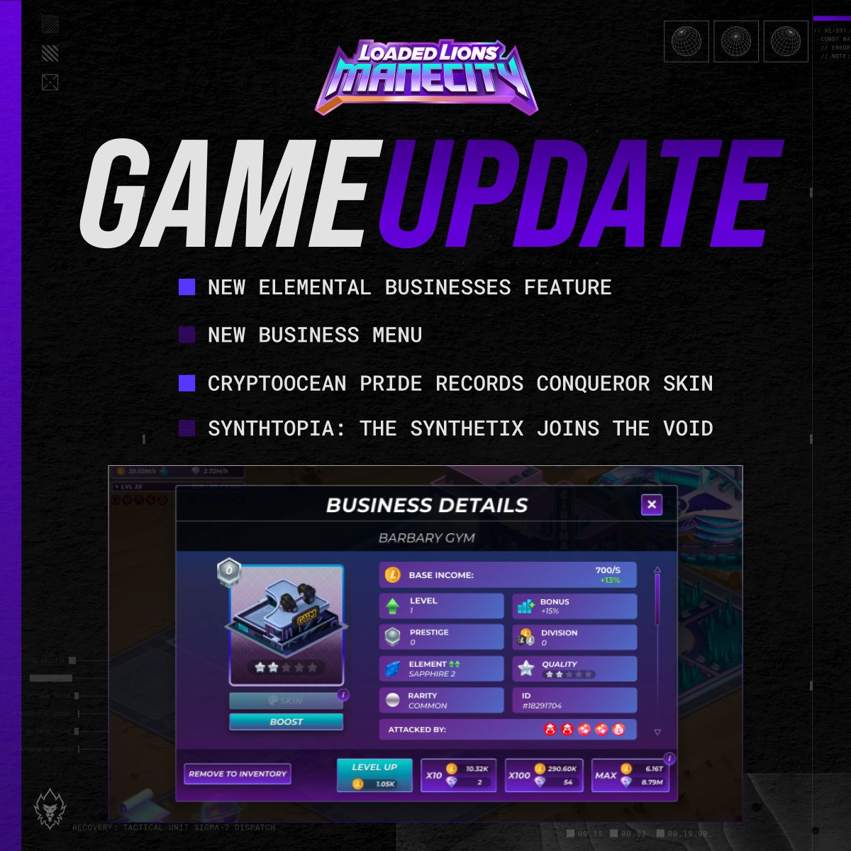 LoadedLions_CDC's tweet image. Mane City just leveled up!
🔥 Elemental Businesses unleashed
🏢 New Business Menu
🏆 CryptoOcean Pride Records Conqueror Skin
🌐 SYNTHTOPIA: THE SYNTHETIX has landed

The battlefield shifts today. Dive in now 👉 app.mane.city (desktop only)