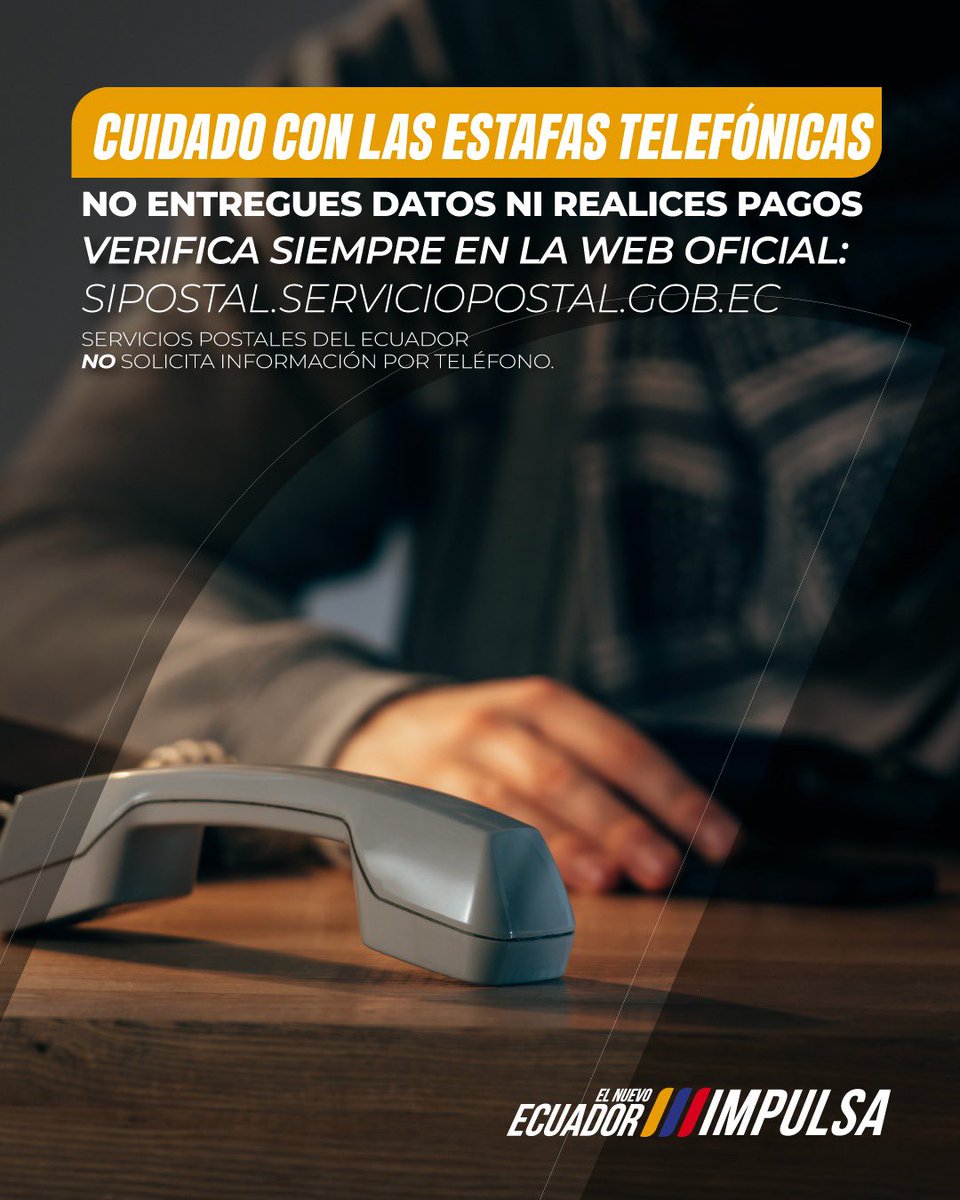 📞⚠️ Cada vez circulan más estafas telefónicas relacionadas con envíos.
Si te llaman pidiéndote dinero o información personal es una estafa. 

👉 Verifica el estado real de tu envío SOLO en la web oficial:
🔹 sipostal.serviciopostal.gob.ec