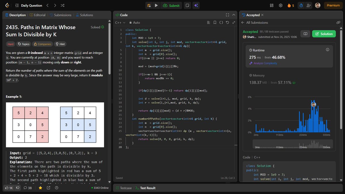shahidx_05's tweet image. Day 256 – #365DaysOfCode

✅ Paths in Matrix Divisible by K
✅ AND in Range
✅ Codeforces 41A

✨ Let&apos;s connect and grow 🤝

#DSA #LeetCode #GfG #Codeforces #ProblemSolving #LearnInPublic #BuildInPublic