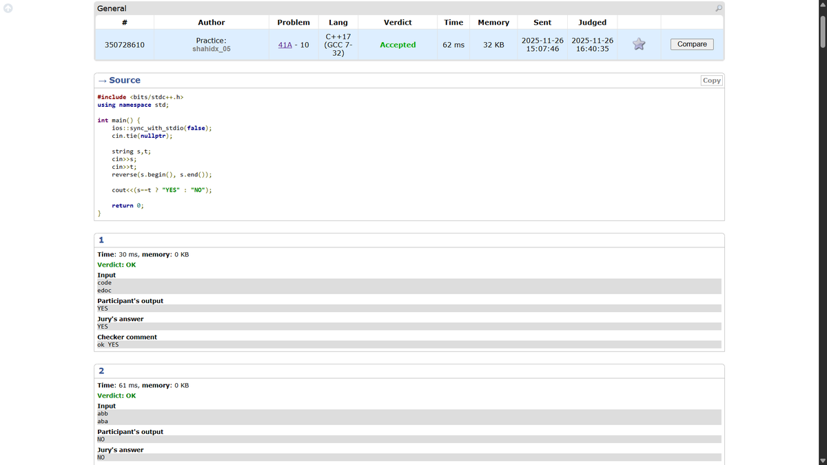 shahidx_05's tweet image. Day 256 – #365DaysOfCode

✅ Paths in Matrix Divisible by K
✅ AND in Range
✅ Codeforces 41A

✨ Let&apos;s connect and grow 🤝

#DSA #LeetCode #GfG #Codeforces #ProblemSolving #LearnInPublic #BuildInPublic