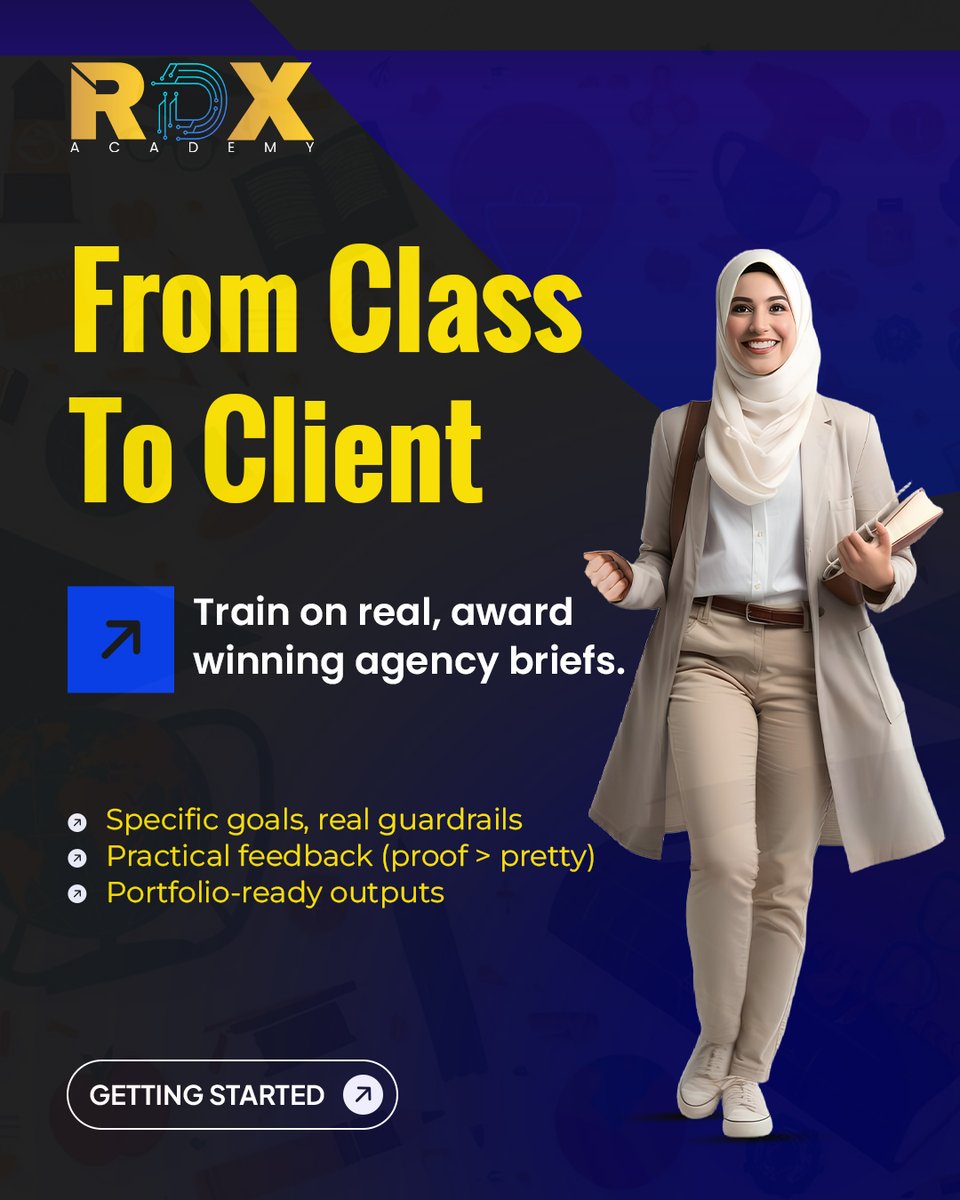 ritzacademy07's tweet image. From class to client. Train on real, award-winning agency briefs and graduate with openable proof: tracked landers, tidy ad sets, a one-page KPI report, and a decision log. Learn the agency way.   Apply to RDX Academy’s Next Cohort  #RDXAcademy #LearnByDoing #DigitalMarketing