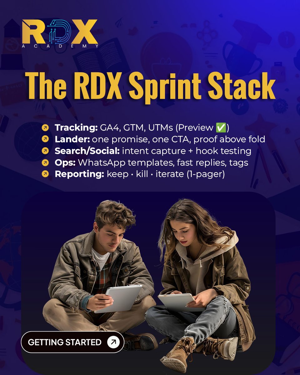 ritzacademy07's tweet image. From class to client. Train on real, award-winning agency briefs and graduate with openable proof: tracked landers, tidy ad sets, a one-page KPI report, and a decision log. Learn the agency way.   Apply to RDX Academy’s Next Cohort  #RDXAcademy #LearnByDoing #DigitalMarketing