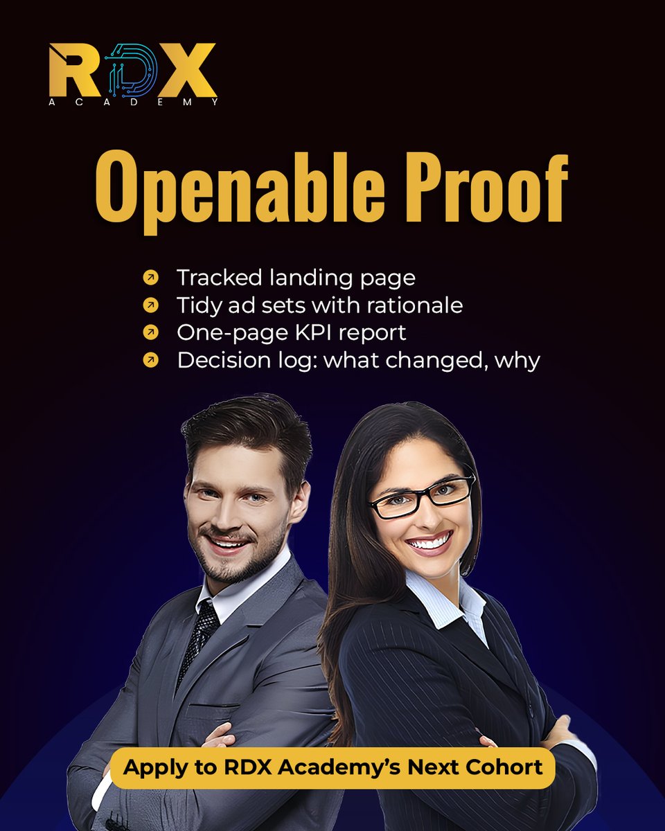 ritzacademy07's tweet image. From class to client. Train on real, award-winning agency briefs and graduate with openable proof: tracked landers, tidy ad sets, a one-page KPI report, and a decision log. Learn the agency way.   Apply to RDX Academy’s Next Cohort  #RDXAcademy #LearnByDoing #DigitalMarketing