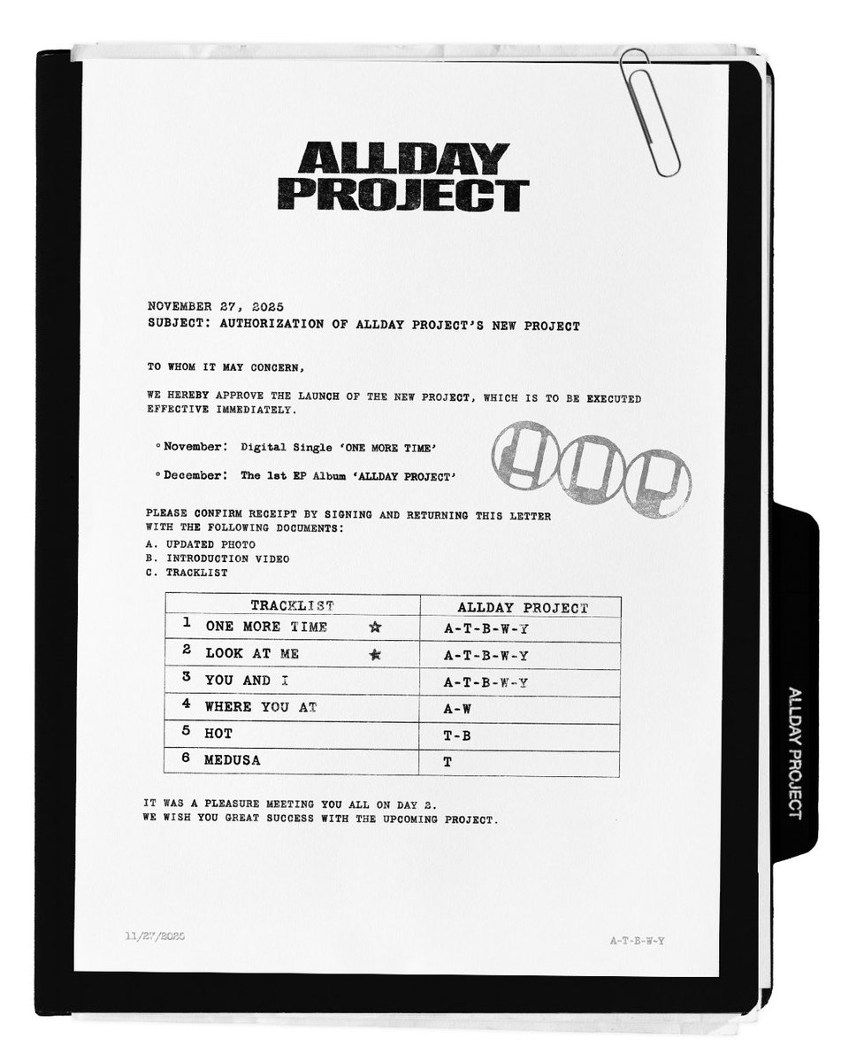 PopBase's tweet image. ALLDAY PROJECT unveils the tracklist to their first EP ‘ALLDAY PROJECT’:

• ONE MORE TIME
• LOOK AT ME
• YOU AND I 
• WHERE YOU AT (Annie + Woochan Unit)
• HOT (Tarzzan + Bailey Unit)
• MEDUSA (Tarzzan Solo)