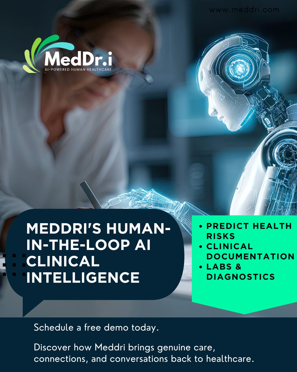 MeddriH's tweet image. Meddri’s Human-in-the-Loop AI 

Clinical Intelligence is built to support clinical judgment. This means every insight is clear, traceable, and actionable.  

See what clinicians can do with Meddri in real workflows: meddri.com/media/69261b50… 

#Meddri #ResponsibleAI #ExplainableAI