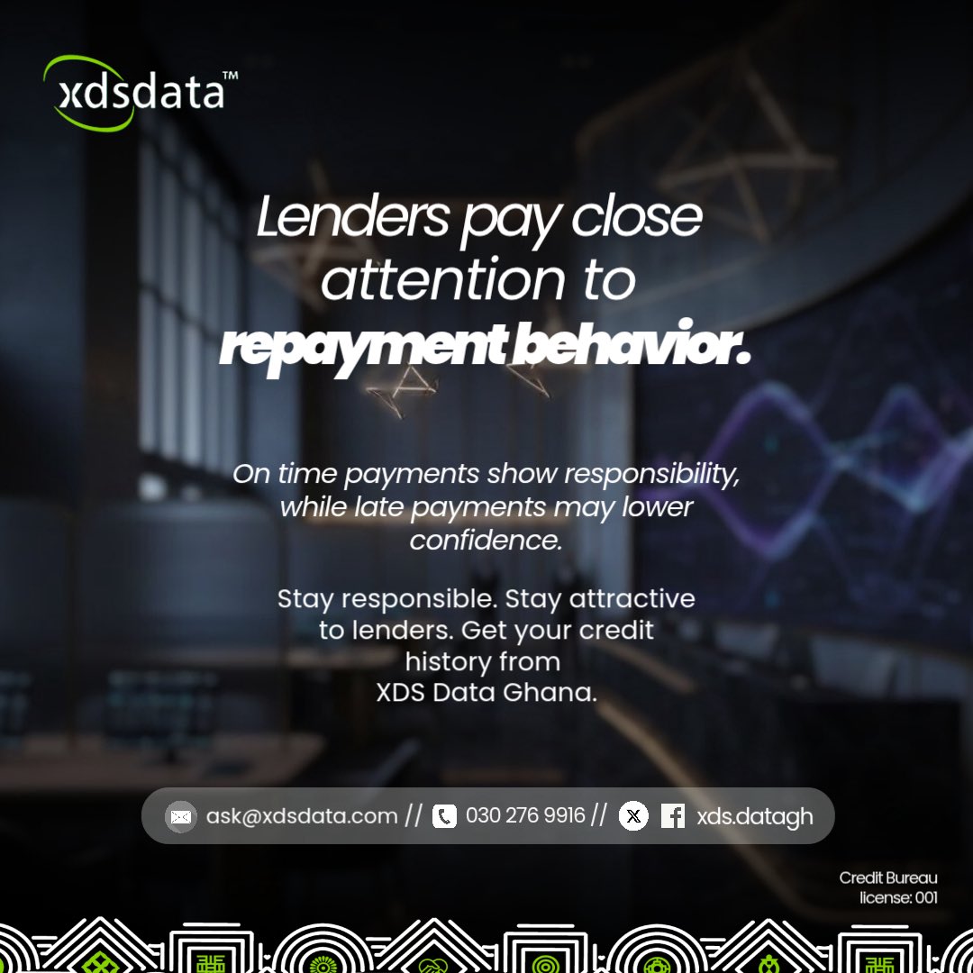 xdsdataGH's tweet image. Lenders Pay Close Attention To Repayment Behavior.

On time payments show responsibility, while late payments may lower confidence.

Stay responsible. Stay attractive to lenders. Get your credit history from XDS Data Ghana.

#FastService
#CreditReport
#XDSdataGhana