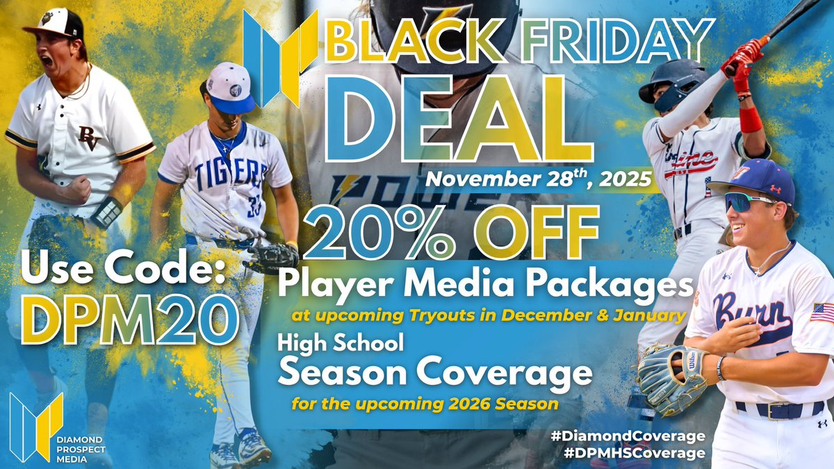 DiamondProMedia's tweet image. This coming Friday, November 28th we will be having our Black Friday Deal for 20% off for player media packages at upcoming summer team tryouts (@FLelitebaseball, @SQZBaseball, @usaprimetampa, @PowerBSB, etc.) or 20% off HS coverage for the upcoming season. Use DPM20 this Friday!