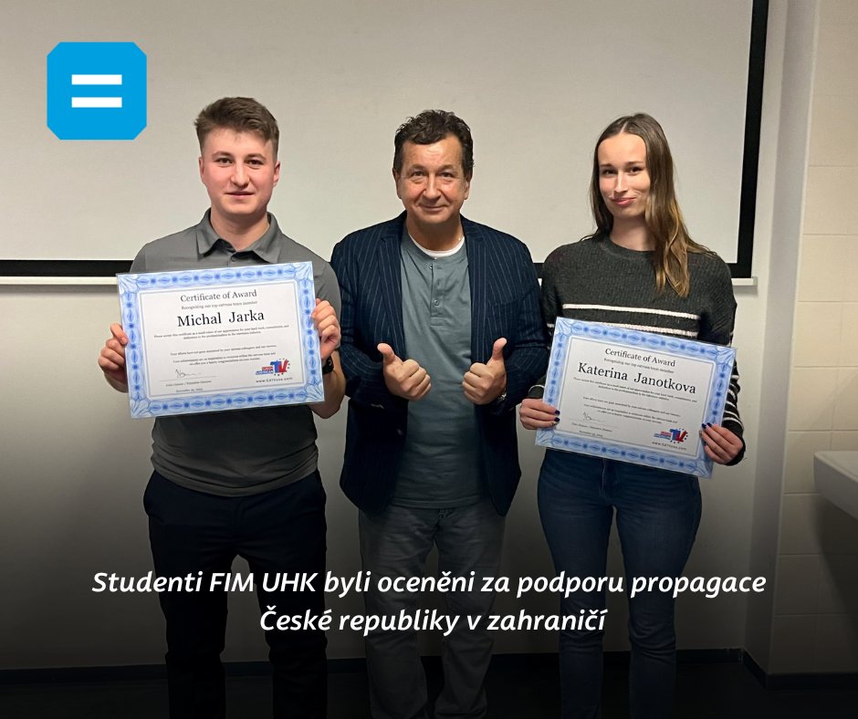 🇺🇸 Studenti oboru Management cestovního ruchu Michal Jarka a Kateřina Janotková obdrželi ocenění od Johna Honnera, zakladatele americké nekomerční televizní společnosti Czech-American TV, za svou pomoc s propagací České republiky a její kultury ve světě. 
1url.cz/@CATV